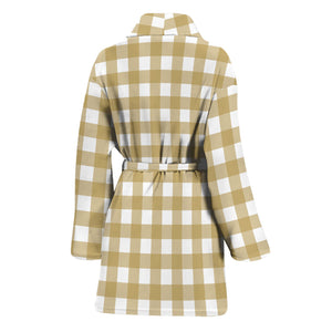 Beige And White Check Pattern Print Women's Bathrobe