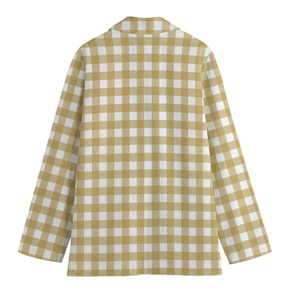 Beige And White Check Pattern Print Women's Blazer