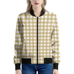 Beige And White Check Pattern Print Women's Bomber Jacket