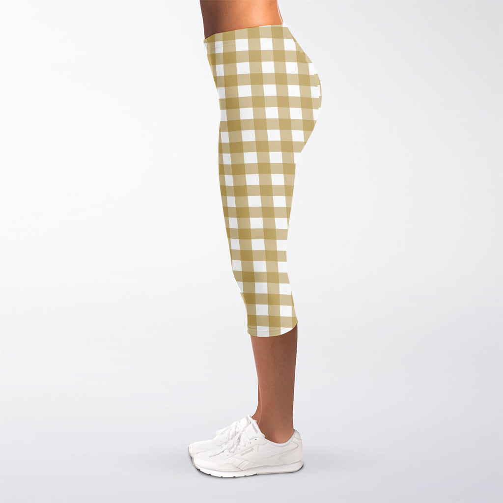 Beige And White Check Pattern Print Women's Capri Leggings
