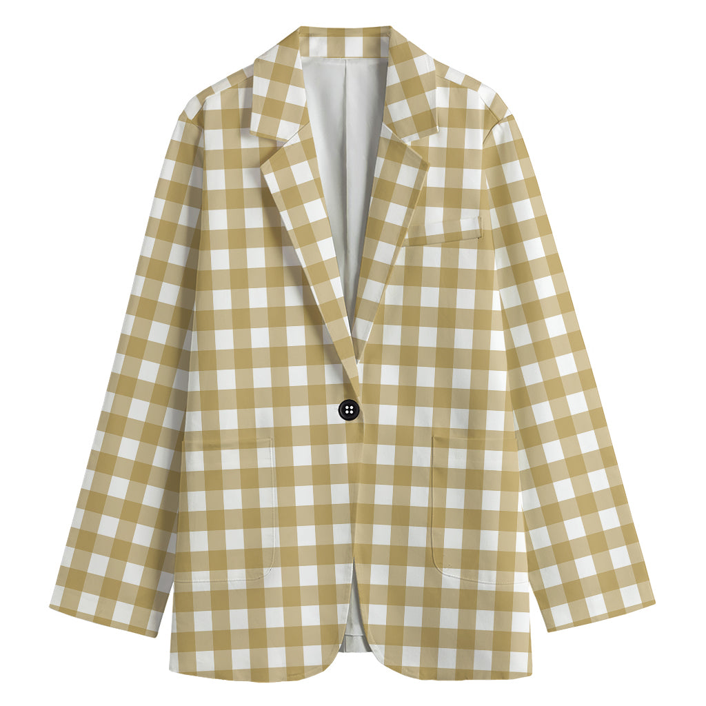 Beige And White Check Pattern Print Women's Cotton Blazer