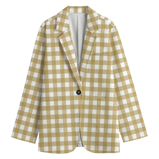 Beige And White Check Pattern Print Women's Cotton Blazer