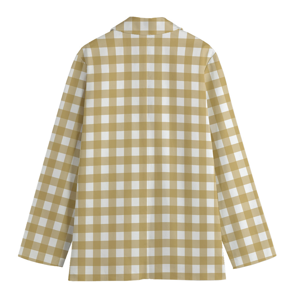 Beige And White Check Pattern Print Women's Cotton Blazer