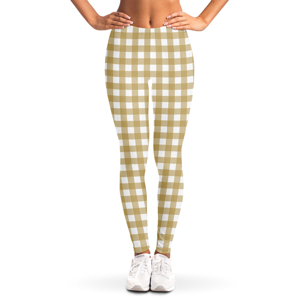 Beige And White Check Pattern Print Women's Leggings