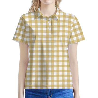 Beige And White Check Pattern Print Women's Polo Shirt