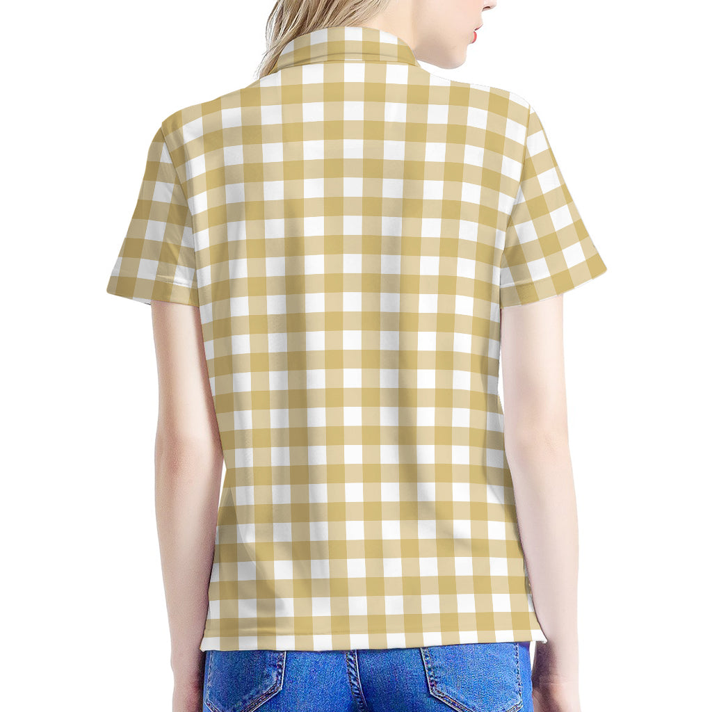 Beige And White Check Pattern Print Women's Polo Shirt