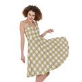 Beige And White Check Pattern Print Sleeveless Knee Length Dress