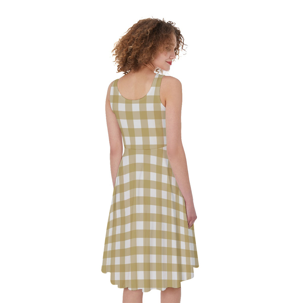 Beige And White Check Pattern Print Women's Sleeveless Dress