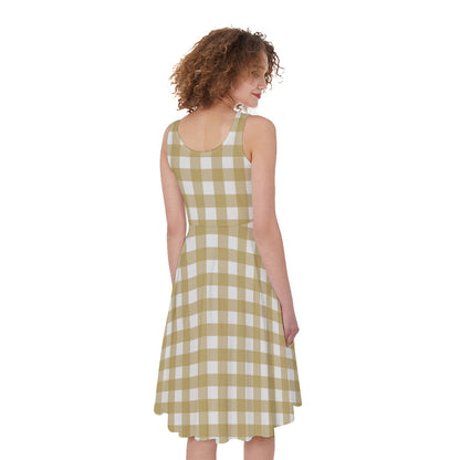 Beige And White Check Pattern Print Women's Sleeveless Dress