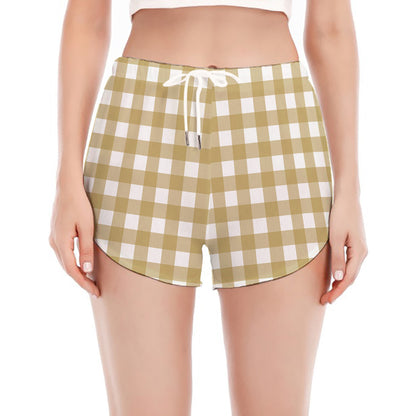 Beige And White Check Pattern Print Women's Split Running Shorts