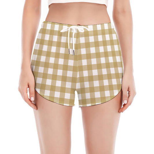 Beige And White Check Pattern Print Women's Split Running Shorts