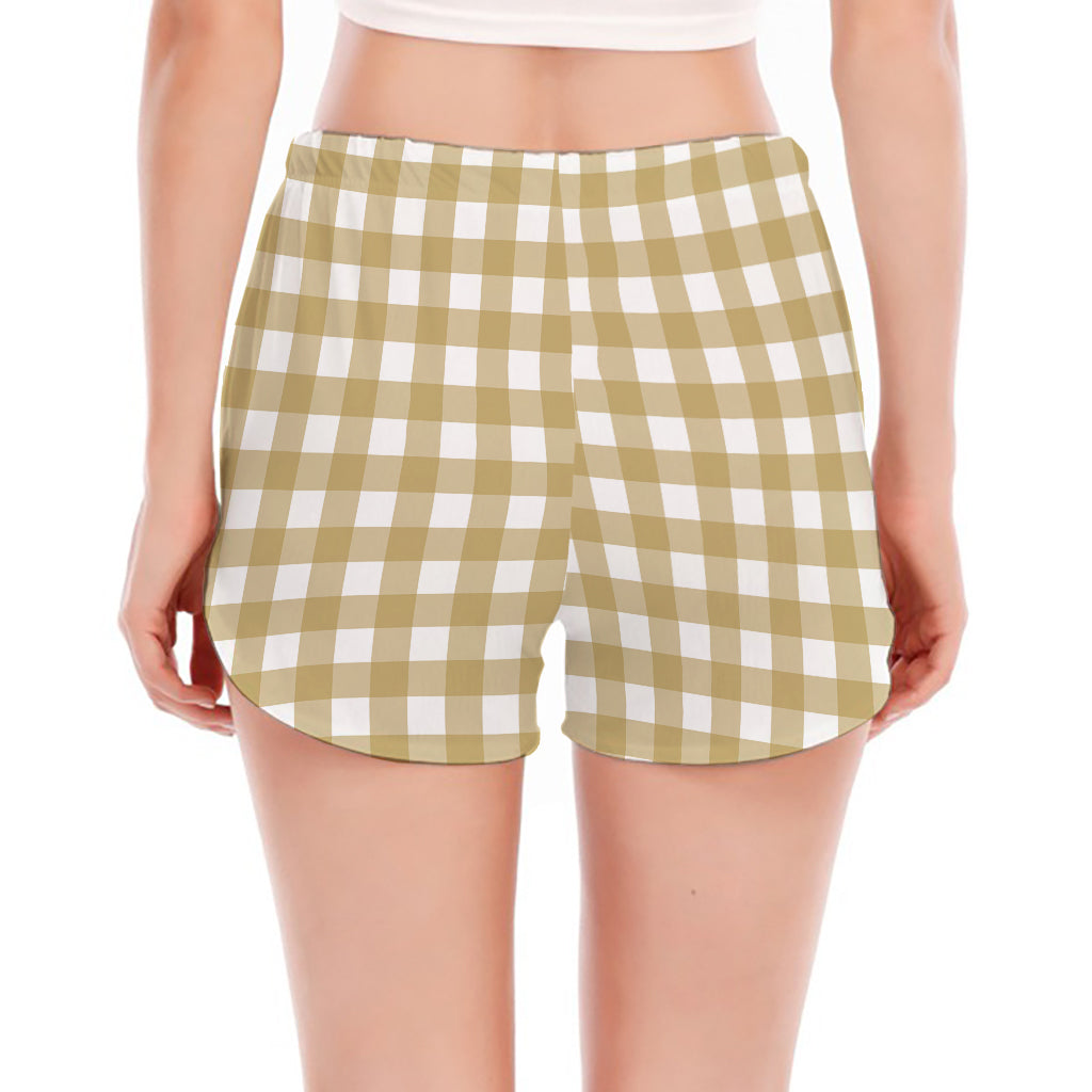 Beige And White Check Pattern Print Women's Split Running Shorts