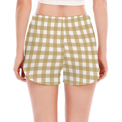Beige And White Check Pattern Print Women's Split Running Shorts