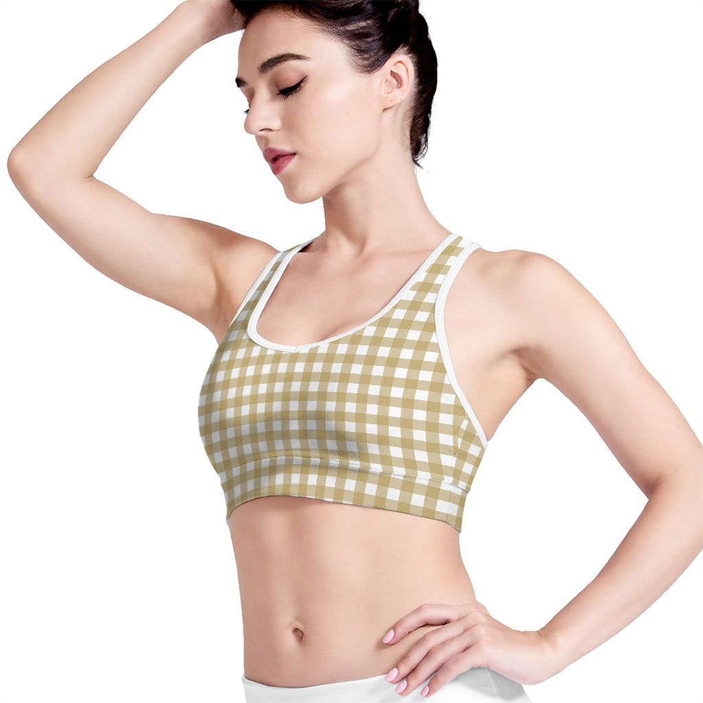 Beige And White Check Pattern Print Women's Sports Bra