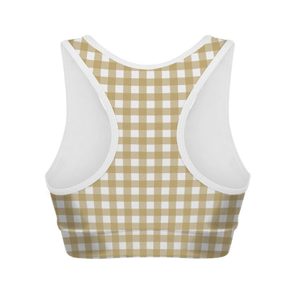 Beige And White Check Pattern Print Women's Sports Bra