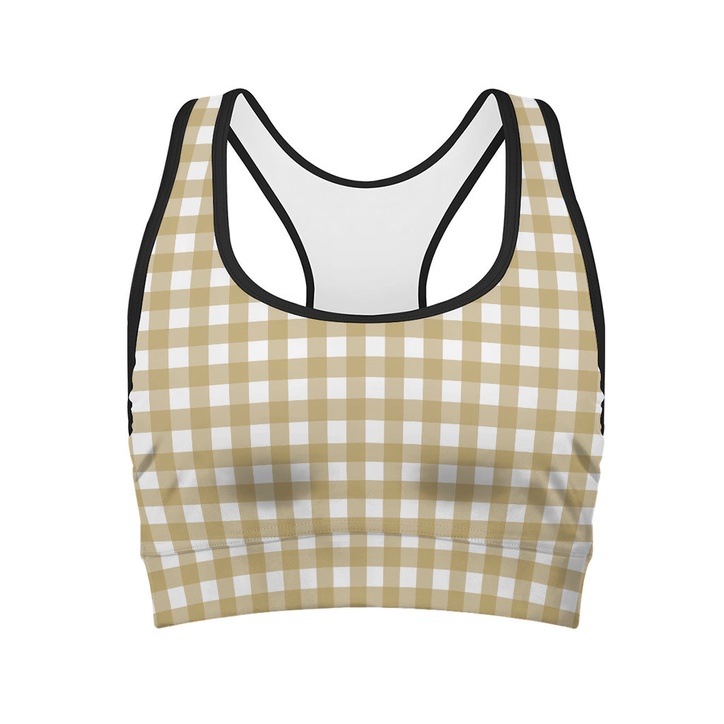 Beige And White Check Pattern Print Women's Sports Bra