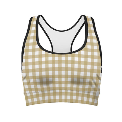 Beige And White Check Pattern Print Women's Sports Bra