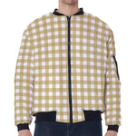 Beige And White Check Pattern Print Zip Sleeve Bomber Jacket