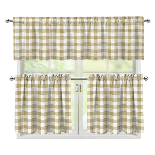 Beige And White Gingham Pattern Print 3 Piece Kitchen Curtains