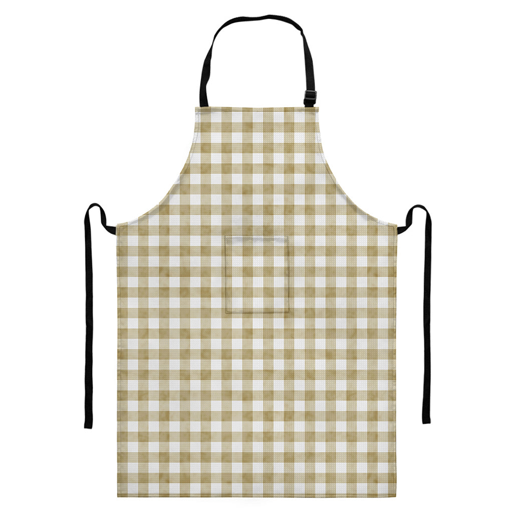 Beige And White Gingham Pattern Print Bib Apron With Pocket