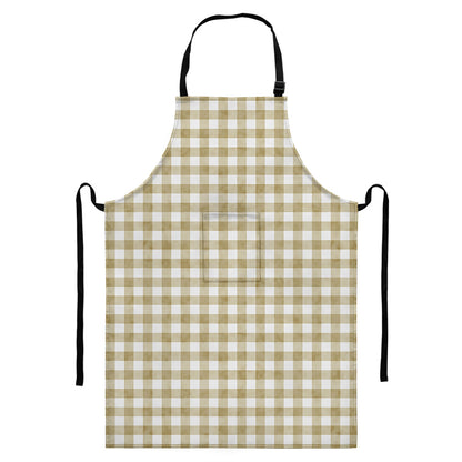 Beige And White Gingham Pattern Print Bib Apron With Pocket
