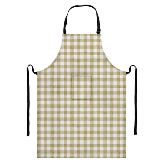 Beige And White Gingham Pattern Print Bib Apron With Pocket