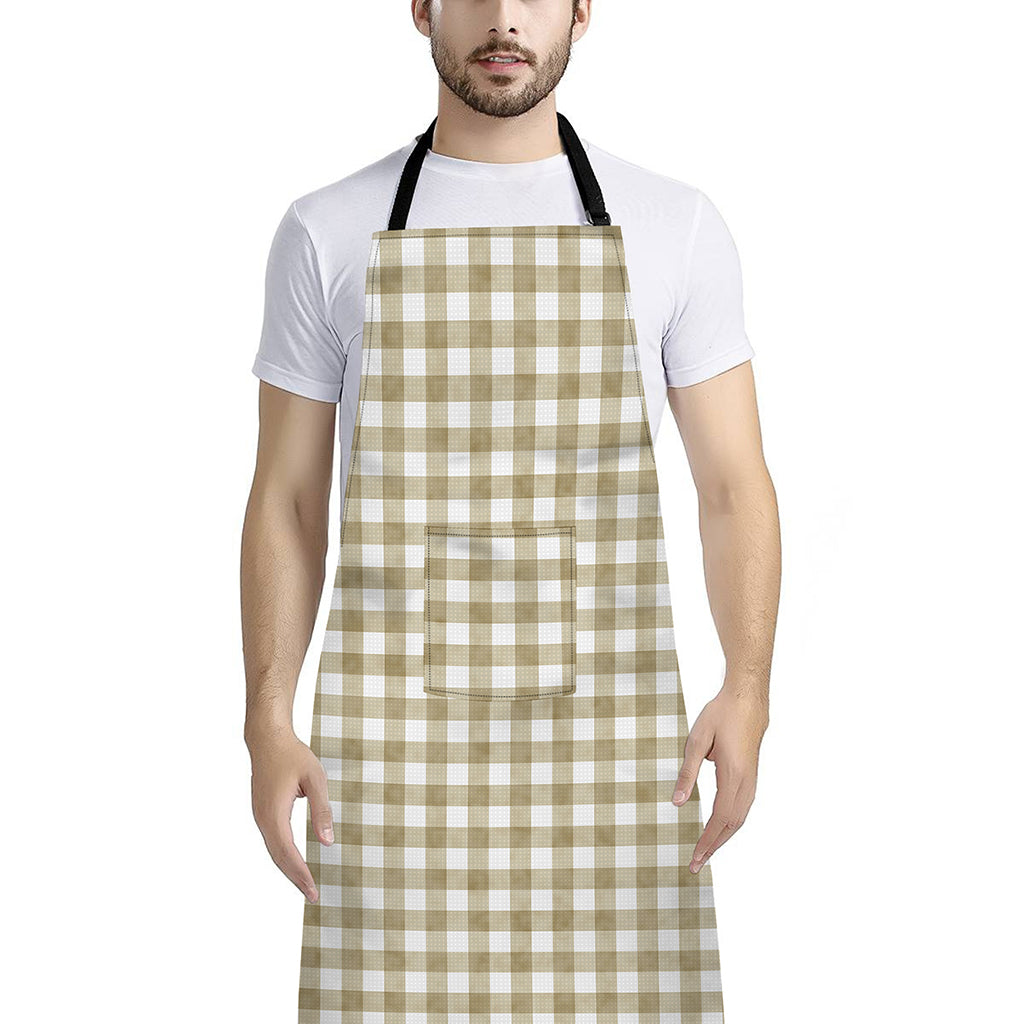 Beige And White Gingham Pattern Print Bib Apron With Pocket