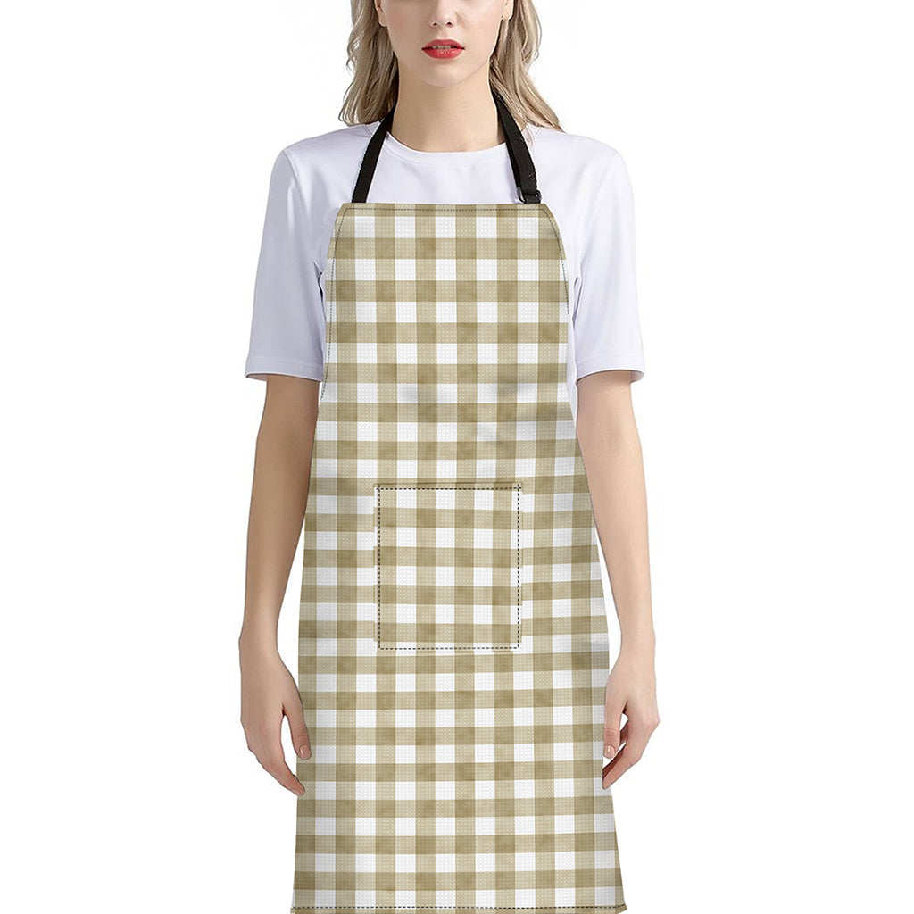 Beige And White Gingham Pattern Print Bib Apron With Pocket