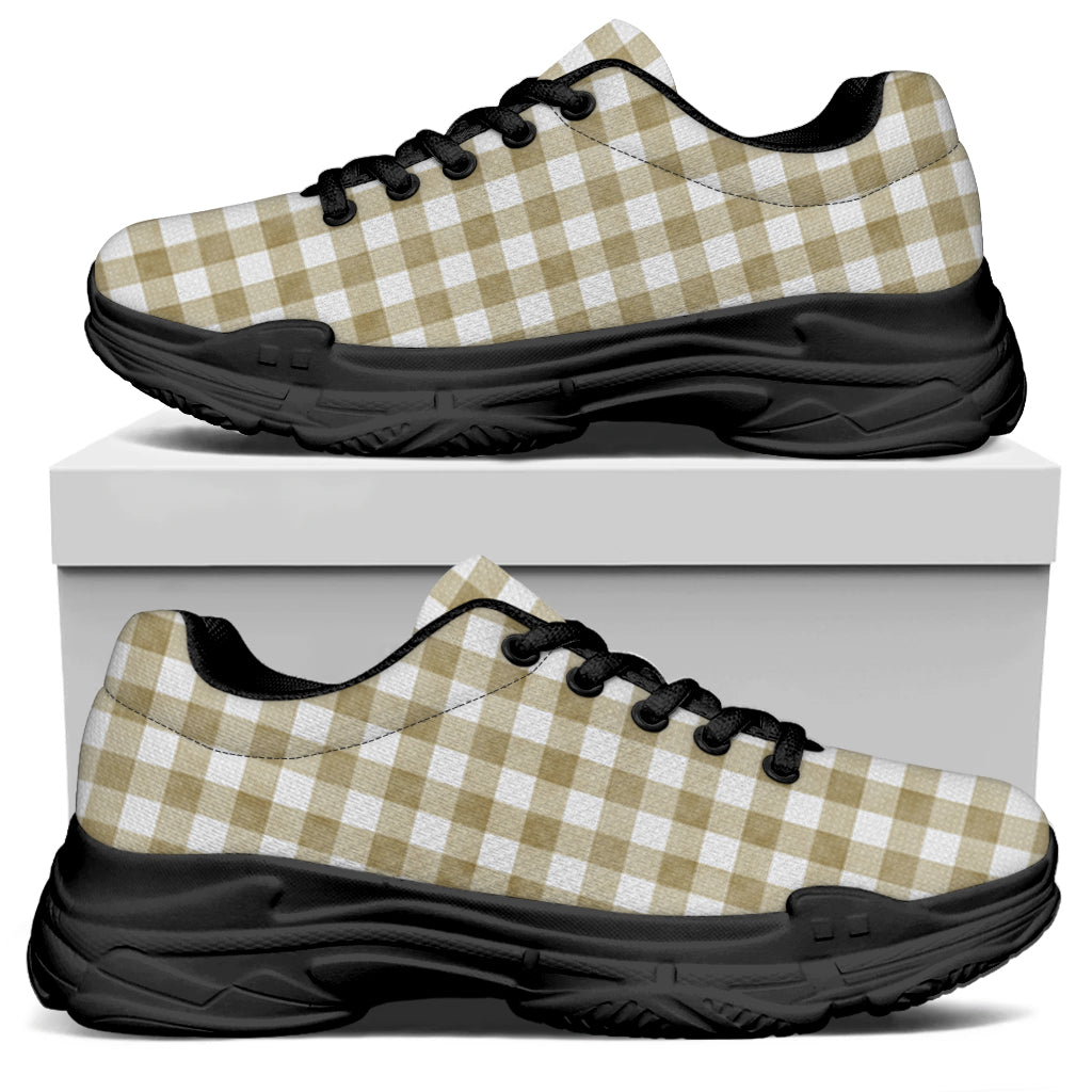Beige And White Gingham Pattern Print Black Chunky Shoes
