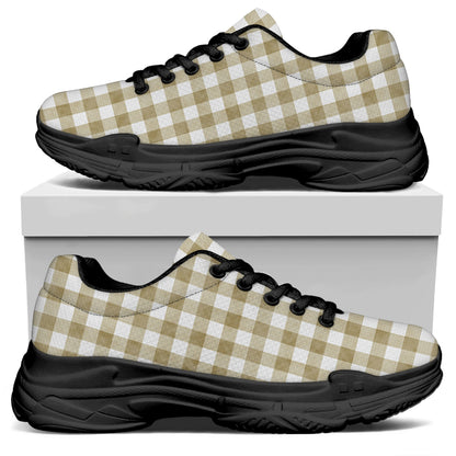 Beige And White Gingham Pattern Print Black Chunky Shoes