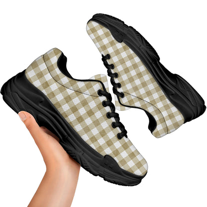 Beige And White Gingham Pattern Print Black Chunky Shoes