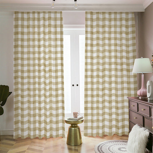 Beige And White Gingham Pattern Print Blackout Pencil Pleat Curtains