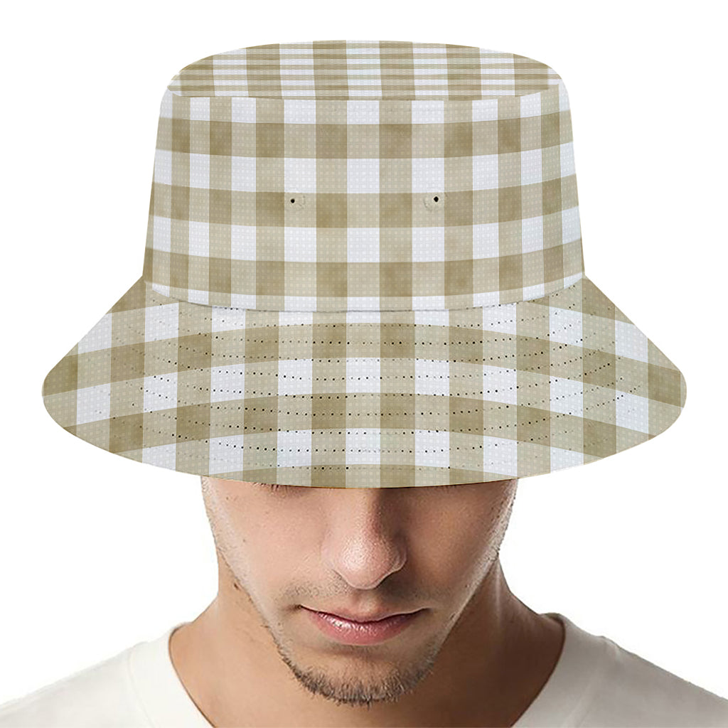 Beige And White Gingham Pattern Print Bucket Hat