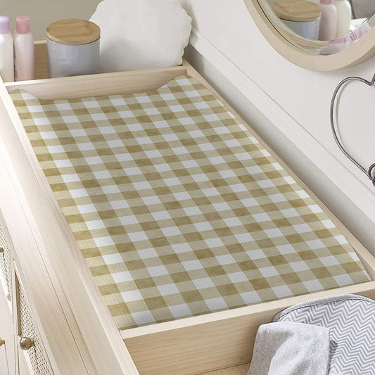 Beige And White Gingham Pattern Print Changing Pad Cover