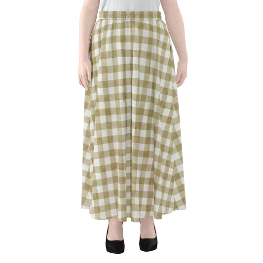 Beige And White Gingham Pattern Print Chiffon Maxi Skirt