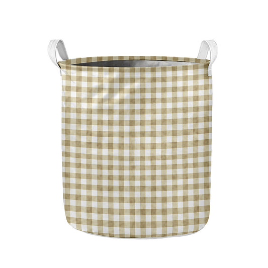 Beige And White Gingham Pattern Print Collapsible Laundry Basket