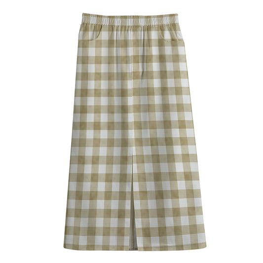 Beige And White Gingham Pattern Print Cotton Front Slit Maxi Skirt