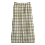 Beige And White Gingham Pattern Print Cotton Front Slit Maxi Skirt