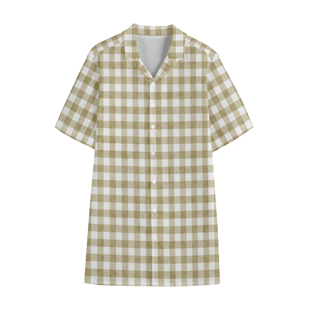 Beige And White Gingham Pattern Print Cotton Hawaiian Shirt