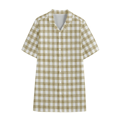 Beige And White Gingham Pattern Print Cotton Hawaiian Shirt