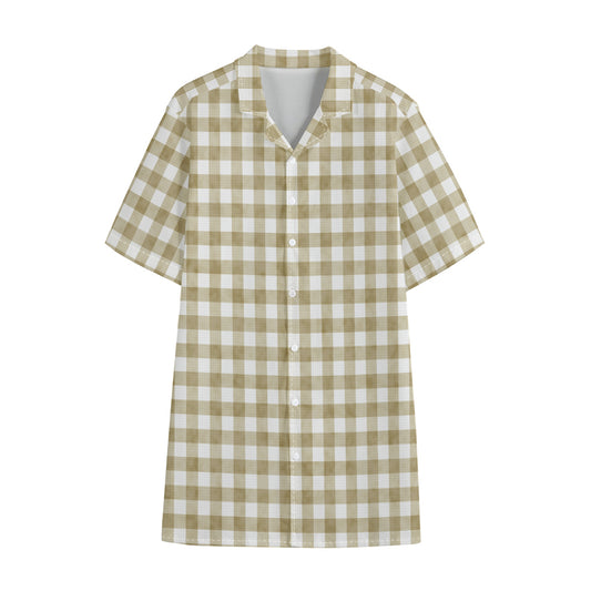 Beige And White Gingham Pattern Print Cotton Hawaiian Shirt