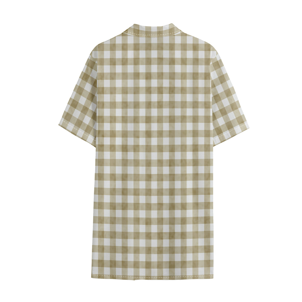 Beige And White Gingham Pattern Print Cotton Hawaiian Shirt