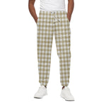 Beige And White Gingham Pattern Print Cotton Pants