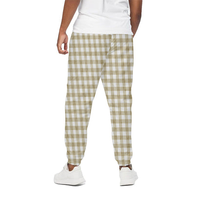 Beige And White Gingham Pattern Print Cotton Pants