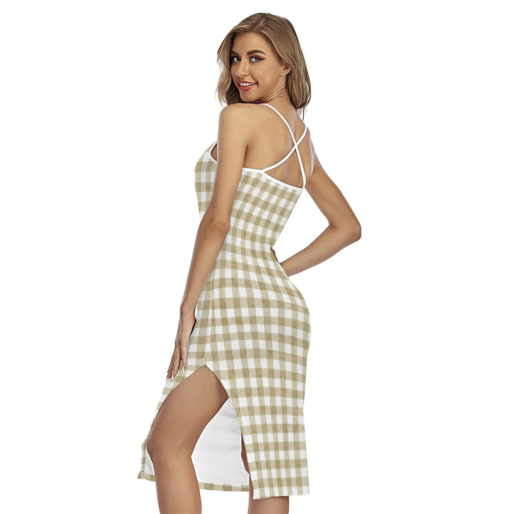 Beige And White Gingham Pattern Print Cross Back Cami Dress