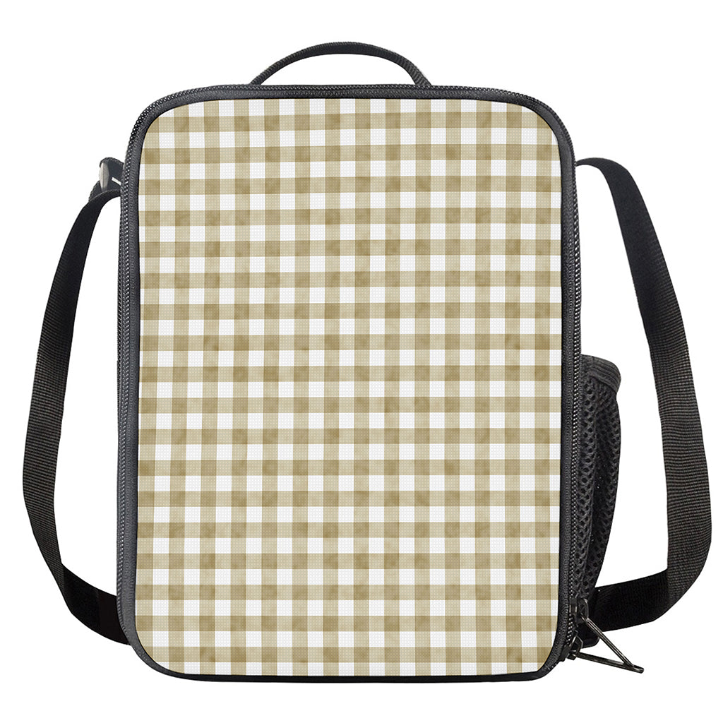 Beige And White Gingham Pattern Print Crossbody Lunch Bag