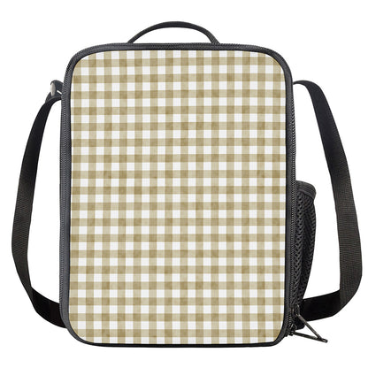 Beige And White Gingham Pattern Print Crossbody Lunch Bag