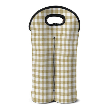 Beige And White Gingham Pattern Print Double Neoprene Wine Tote
