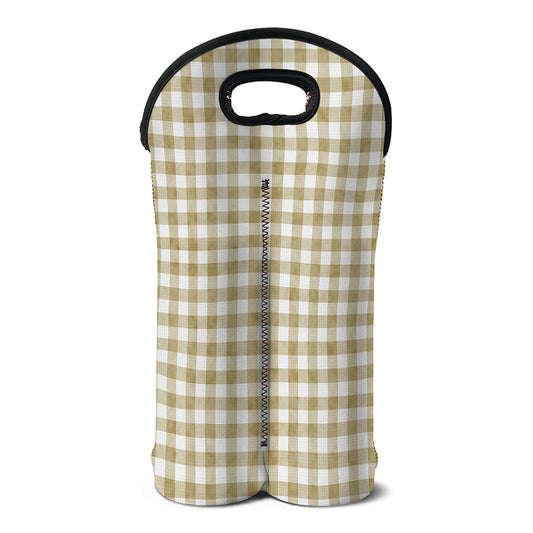 Beige And White Gingham Pattern Print Double Neoprene Wine Tote