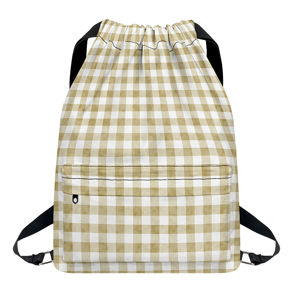 Beige And White Gingham Pattern Print Drawstring Backpack